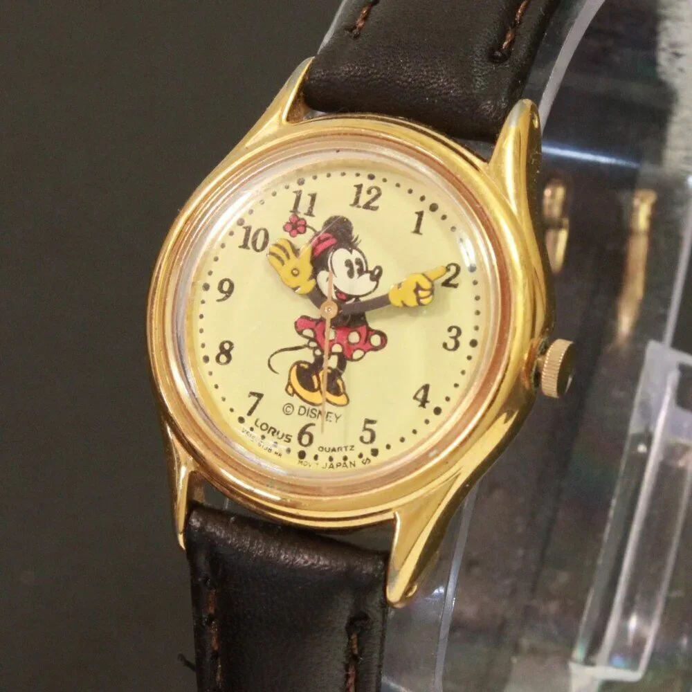 Lorus Ladies Mini Mouse Watch Gold Tone Case New Brown Leather Strap And Battery